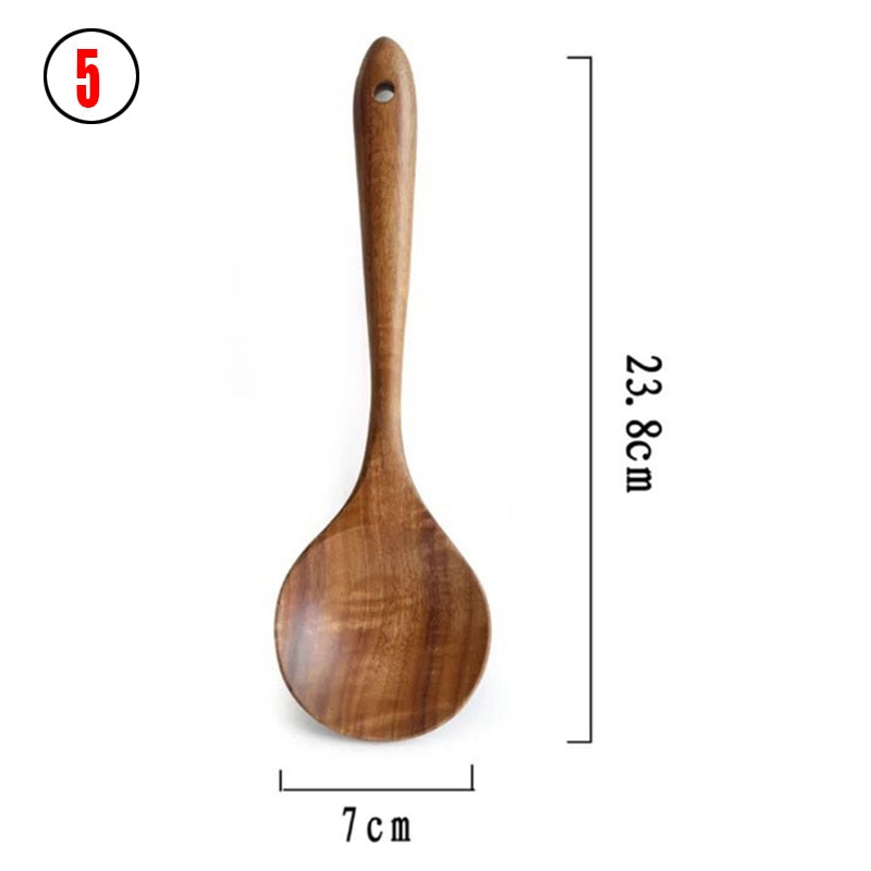 7pcs/set Teak Natural Wood Tableware Spoon Ladle Turner Rice Colander Soup Skimmer Cooking Spoon Scoop Kitchen Reusable Tool Kit PAP SHOP 42