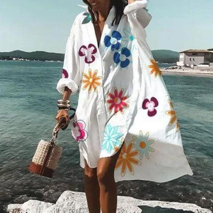 2021 Summer Women Dresses Turn-down Collar Print Casual Long Sleeve Shirt Dress Oversized Loose Beach Party Vestidos Robe Blouse PAP SHOP 42