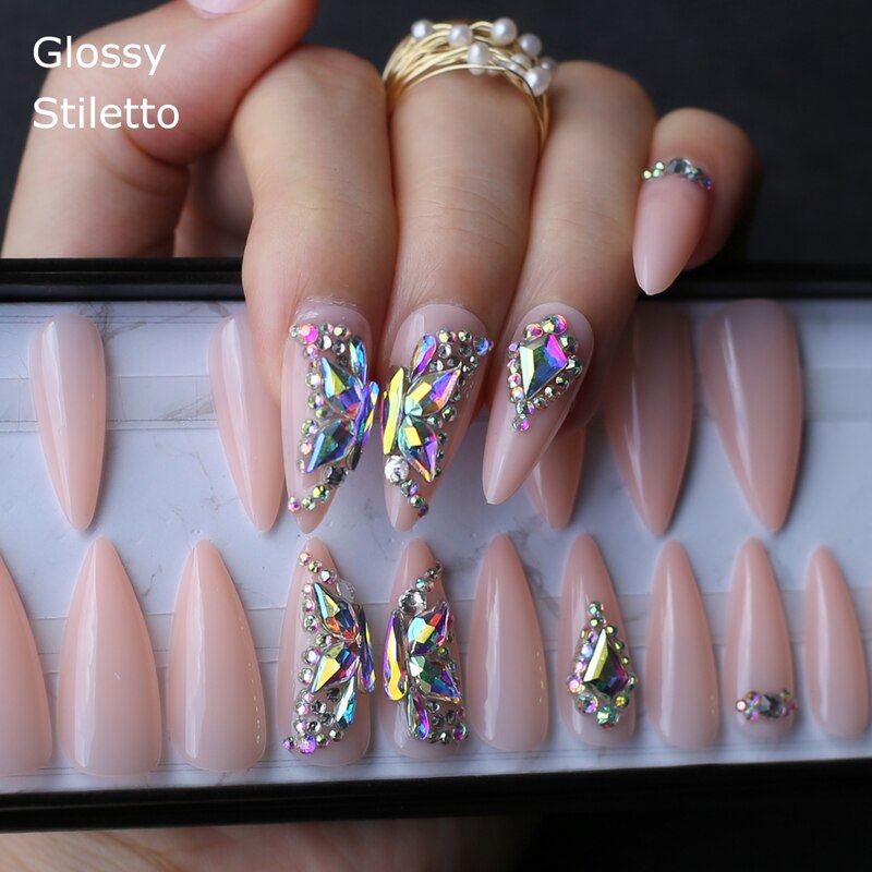 Butterfly Crystal Luxury Coffin nude Press on nails box 24pcs UV Acrylic nails bling DIY manual Ballet matte pink fasle nails PAP SHOP 42