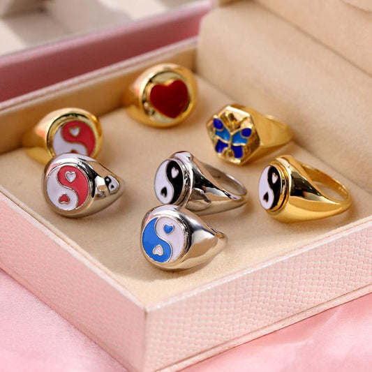 Flatfoosie Korea New Design Small Daisy Tulip Yin and Yang Rings For Women Girls New Gold Silver Color Metal Rings Jewelry Gifts PAP SHOP 42