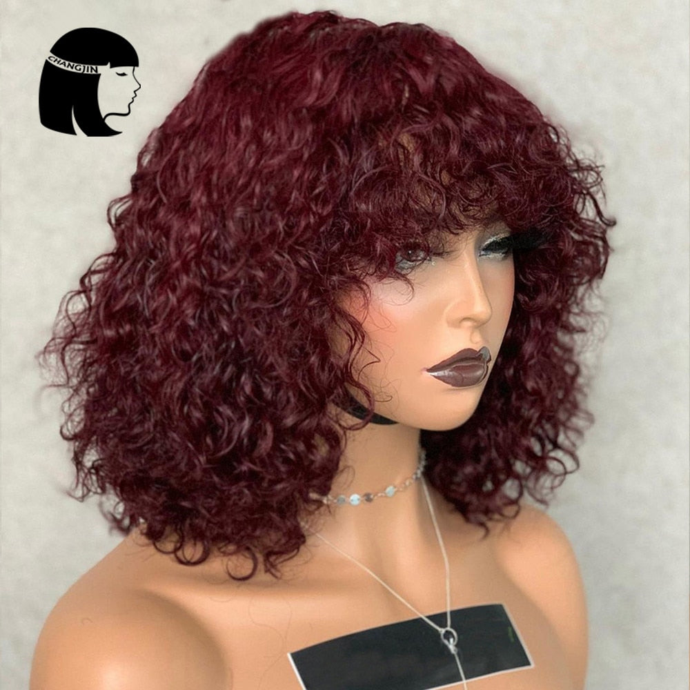 Full Machine Made Wigs Highlight Honey #27 #30 Blonde Brown Burgundy 99J Human Hair Wigs For Women Jerry Curly Wigs With Bangs PAP SHOP 42