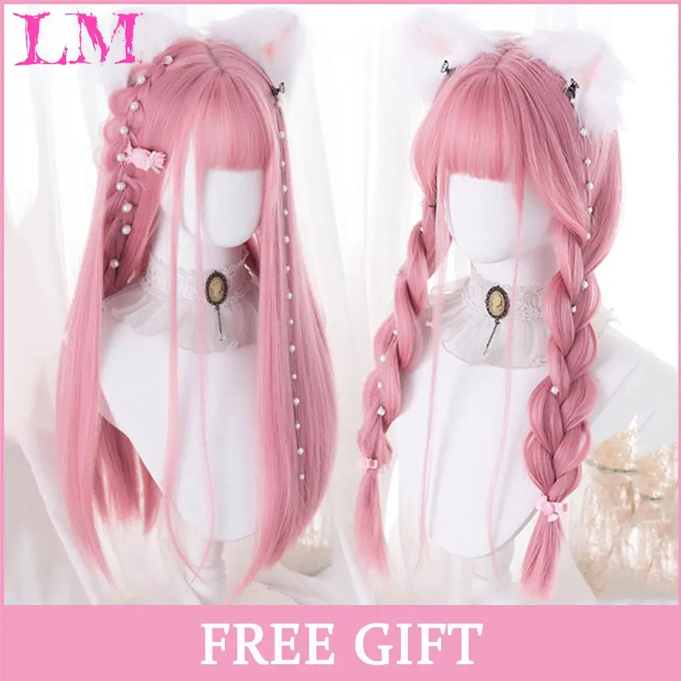 LM Cosplay Wig With Bangs Synthetic Straight Hair 24 Inch Long Heat-Resistant Pink Wig For Women PAP SHOP 42