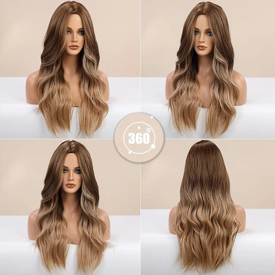 Long Brown Ombre Synthetic Wigs for Women Natural Hair Wavy Wigs Middle Part Female Wig Cosplay Heat Resistant Fiber Wigs PAP SHOP 42