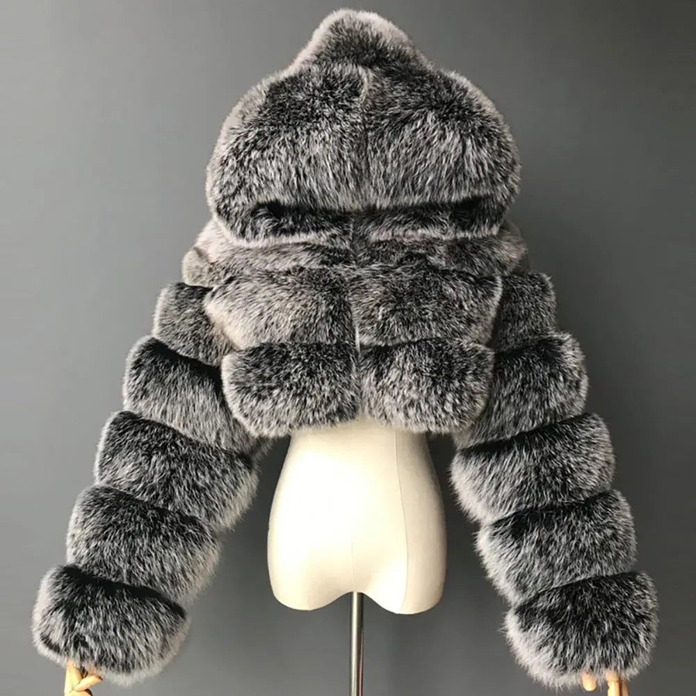 Loose Women Jacket 2021 Fashion Autumn Winter Faux Fur Cropped Coat Fluffy Zip Hooded Warm Short Jacket PAP SHOP 42