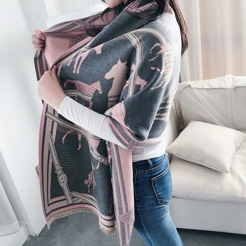 Luxury Winter Cashmere Scarf Women 2022 Design Warm Pashmina Blanket Horse Scarves Female Shawl Wraps Thick Foulard Bufanda PAP SHOP 42