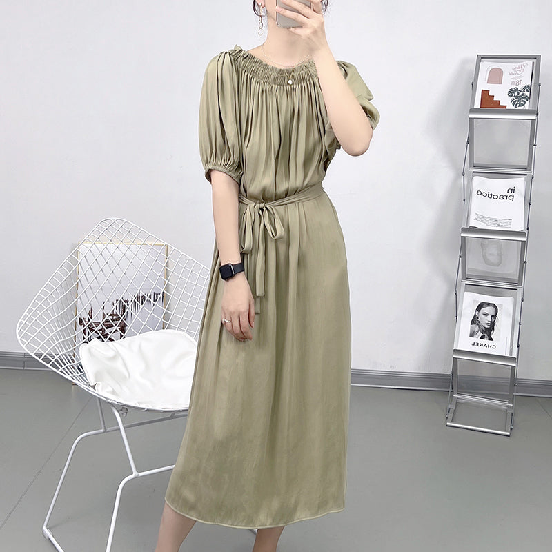 Slim Looking off-Shoulder Minimalist-Style Solid Color Pleated Dress PAP SHOP 42
