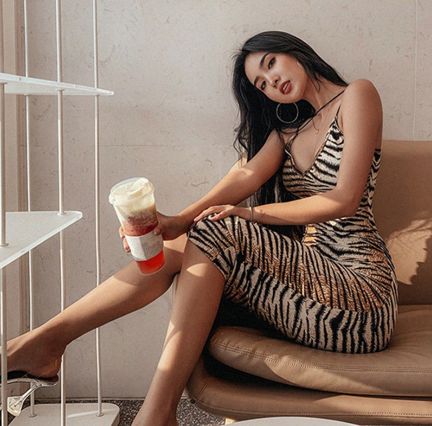 Instagram Style Internet Celebrity off-Shoulder Tiger Pattern Slip Dress PAP SHOP 42