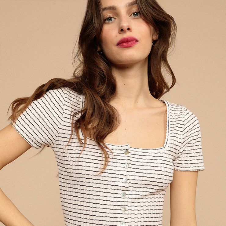 Summer Retro Thin Striped Slim-Fit Short Sleeve Navy-Striped Shirt