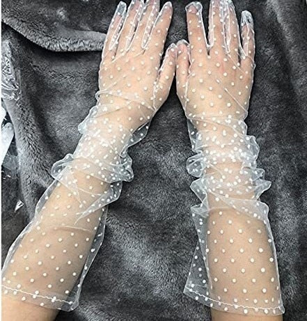 Fashion Dot Lace Long Gloves Female Elegant Stretch Tulle Mesh Semi Sheer Women Full Finger Mittens Bride Wedding Black Golves PAP SHOP 42