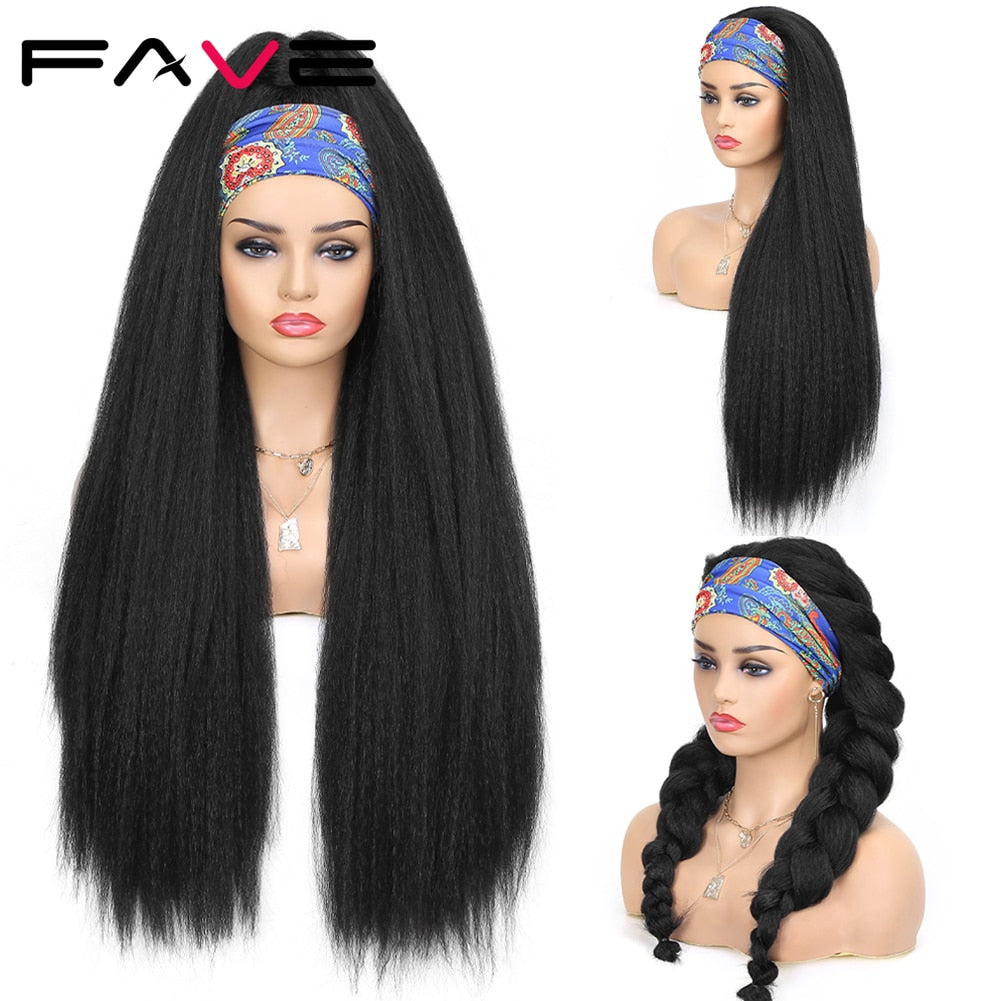 Fave Kinky Straight Headband Wig Synthetic 26 Inch Yaki Straight Hair Heat Resistant Fiber Kinky Afro Wigs For Black White Women PAP SHOP 42