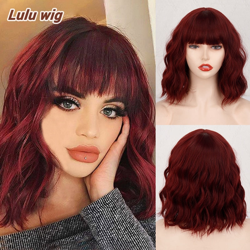 Short Bob Synthetic Wigs for Women Short Wavy Wigs with Bangs Wavy Bob Wig Wine Red Wig Heat Resistant Fiber Cosplay hair PAP SHOP 42