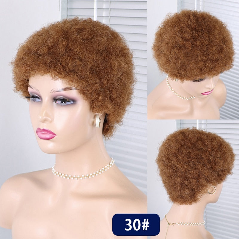 Afro Kinky Curly Wig With Bangs Short Fluffy Hair Wigs For Black Women Glueless 100% Human Hair Wig Pixie Cut Wig Brazilian PAP SHOP 42