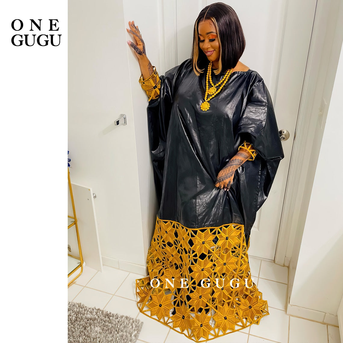 Winter African Bazin Rich Dress With Gold Brode Noble Lady Wedding Party Gown Plus Size Nigerian Dashiki Robe Long Sleeves Dress PAP SHOP 42