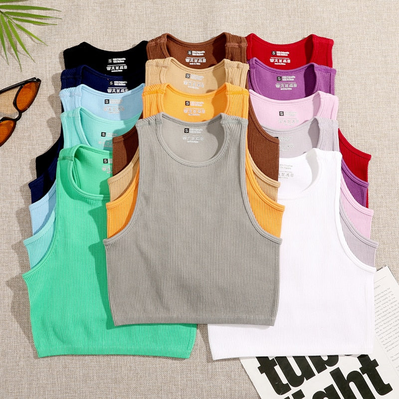 Crop Top Women Solid Basic T-shirts Vest Seamless Streetwear Elastic Rib-Knit Sleeveless Casual Tank Tops Female PAP SHOP 42