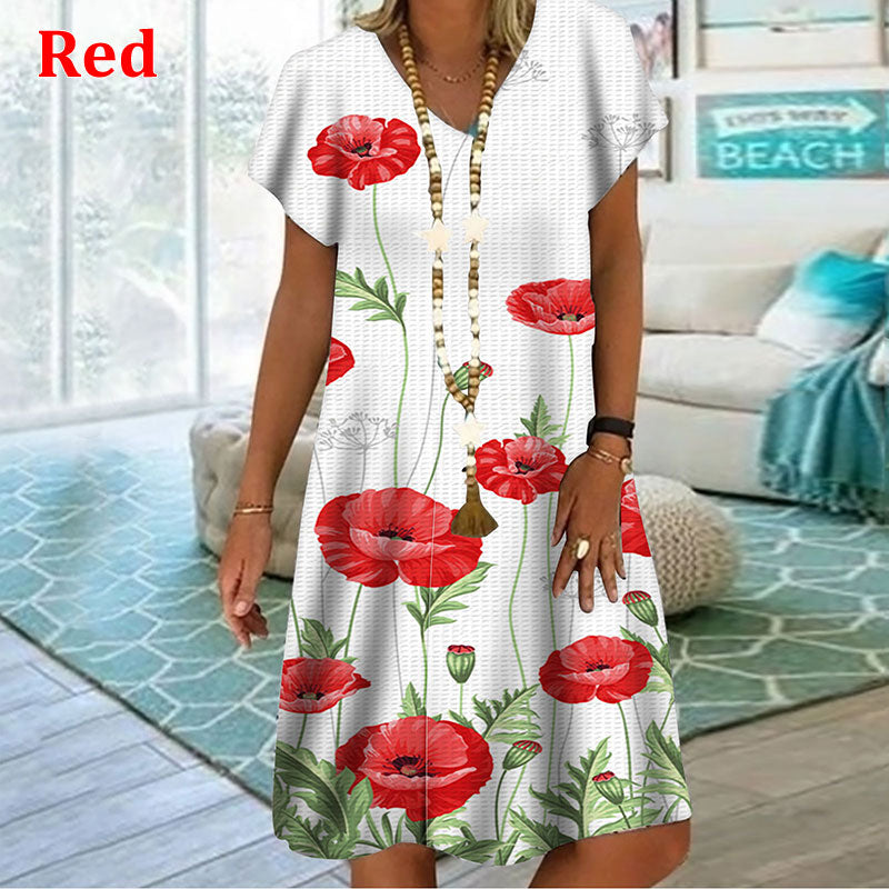 Red Lotus Print Dress Vintage Women Plant Flowers Short Sleeve Mini Dresses For Summer Casual V-Neck Loose Oversize Ladies Dress PAP SHOP 42
