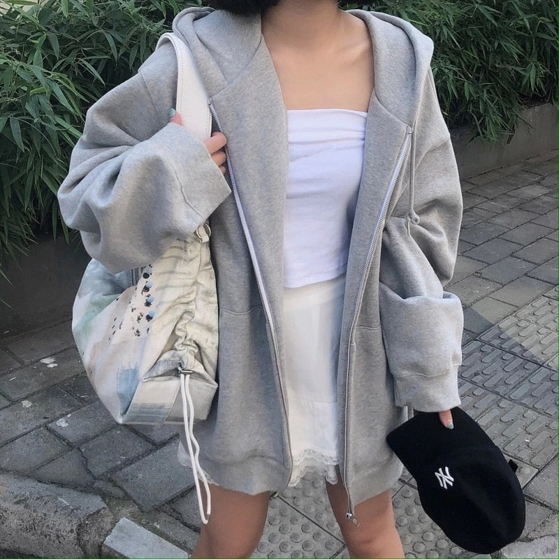 Women Hoodies Harajuku Korean Version Zip Up Loose Oversized Sweatshirts Casual Solid Color Long Sleeve Hooded Sweatshirt Coats PAP SHOP 42