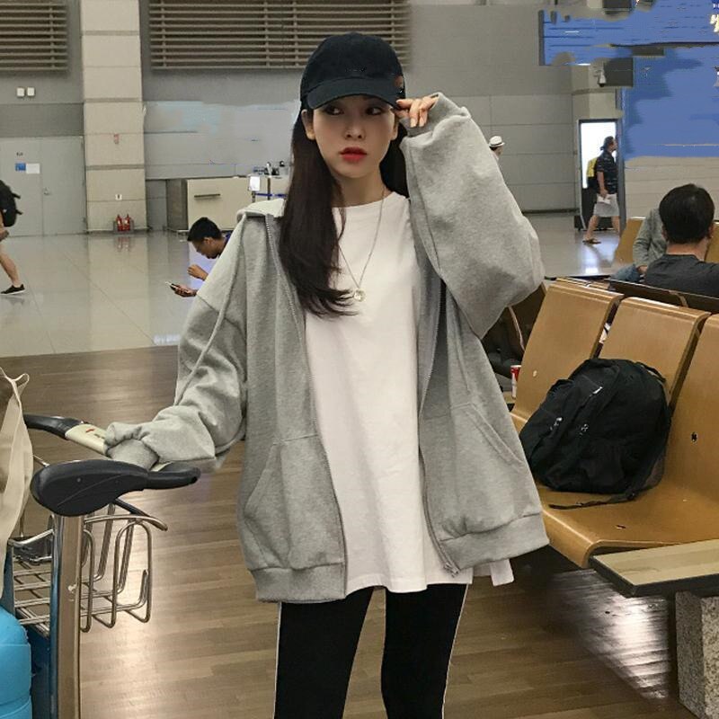Women Hoodies Harajuku Korean Version Zip Up Loose Oversized Sweatshirts Casual Solid Color Long Sleeve Hooded Sweatshirt Coats PAP SHOP 42