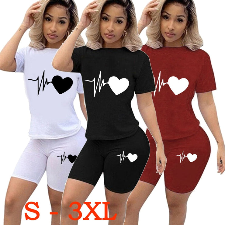 Summer New Women Fashion Solid Color Print 2 Piece Sets Casual Sports Suit Short Sleeve T-shirt + Shorts S-3XL
