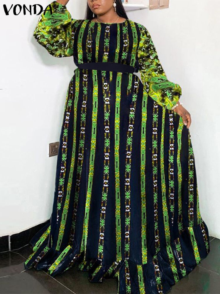 VONDA Plus Size Dress 2023 Women Long Maxi Sundress O-Neck Printed Casual Bohemian Robe Femme Lantern Sleeve Party Vestido 5XL PAP SHOP 42