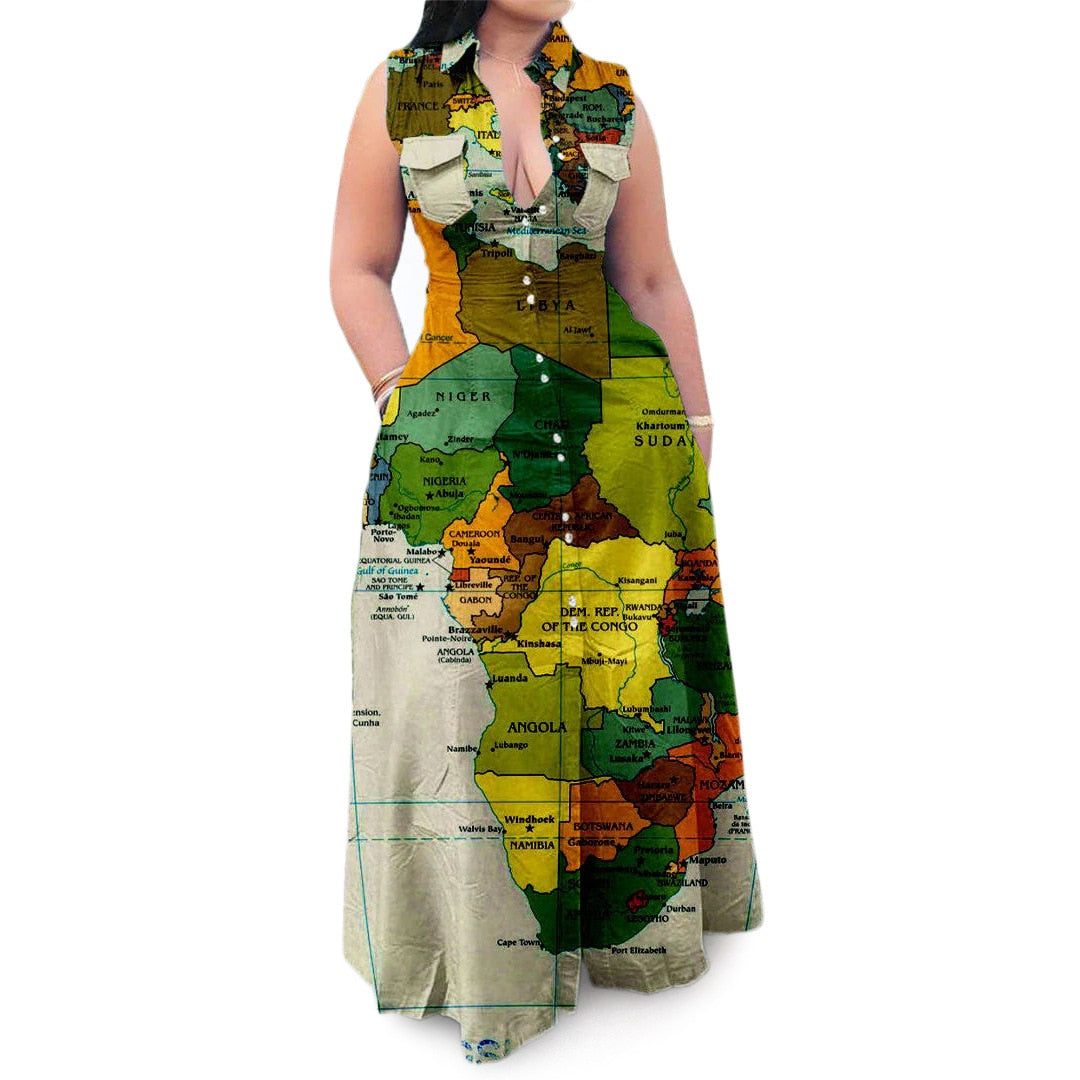 Fashion Summer Plus Size Dress Casual Map Printing Sleeveless Lapel Shirt Maxi Long Dresses Women Wholesale Dropshipping PAP SHOP 42