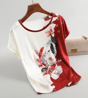 Fashion Floral Print Blouse Pullover Ladies Silk Satin Plus Size Batwing Sleeve Vintage T-shirt Casual Short Sleeve Tops PAP SHOP 42