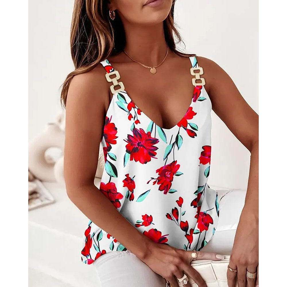 Women's Summer V Neck Low Cut Tank Tops Ladies Holiday Casual Loose Floral Vest T-Shirt Clothing 2023