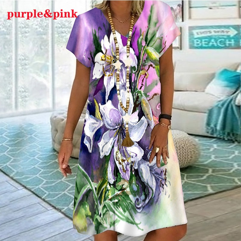 Tie Tye Colorful Gradient Floral Print Dresses For Summer Women Short Sleeve Loose Dress Casual V-Neck Ladies Oversized Clothing PAP SHOP 42