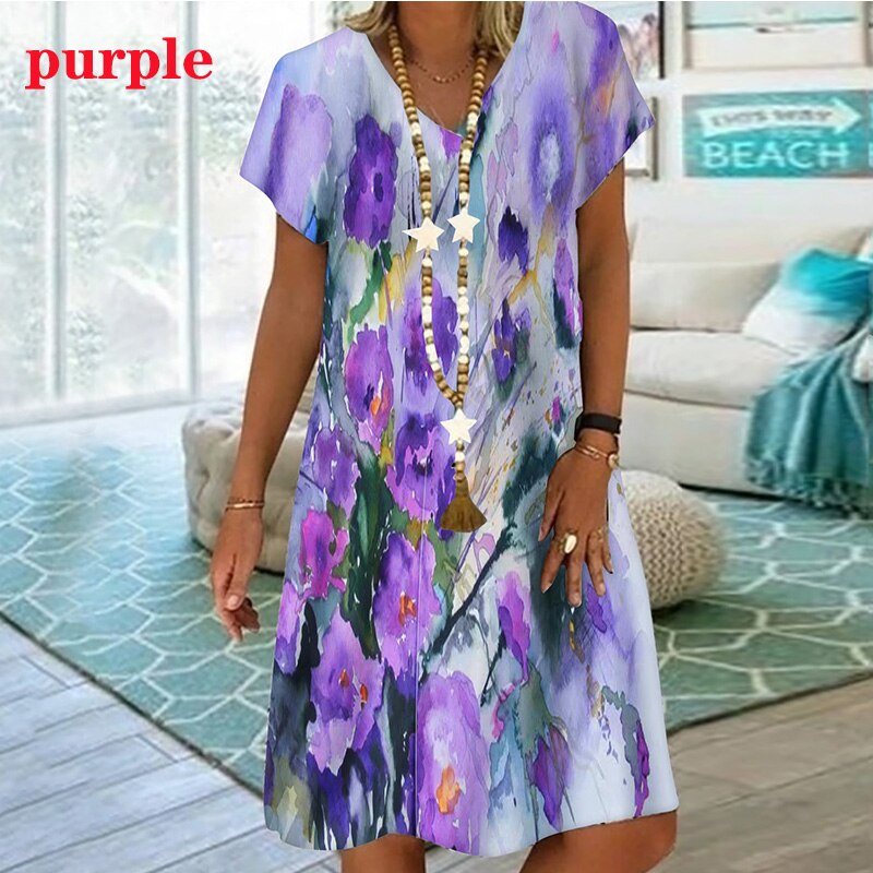 Tie Tye Colorful Gradient Floral Print Dresses For Summer Women Short Sleeve Loose Dress Casual V-Neck Ladies Oversized Clothing PAP SHOP 42