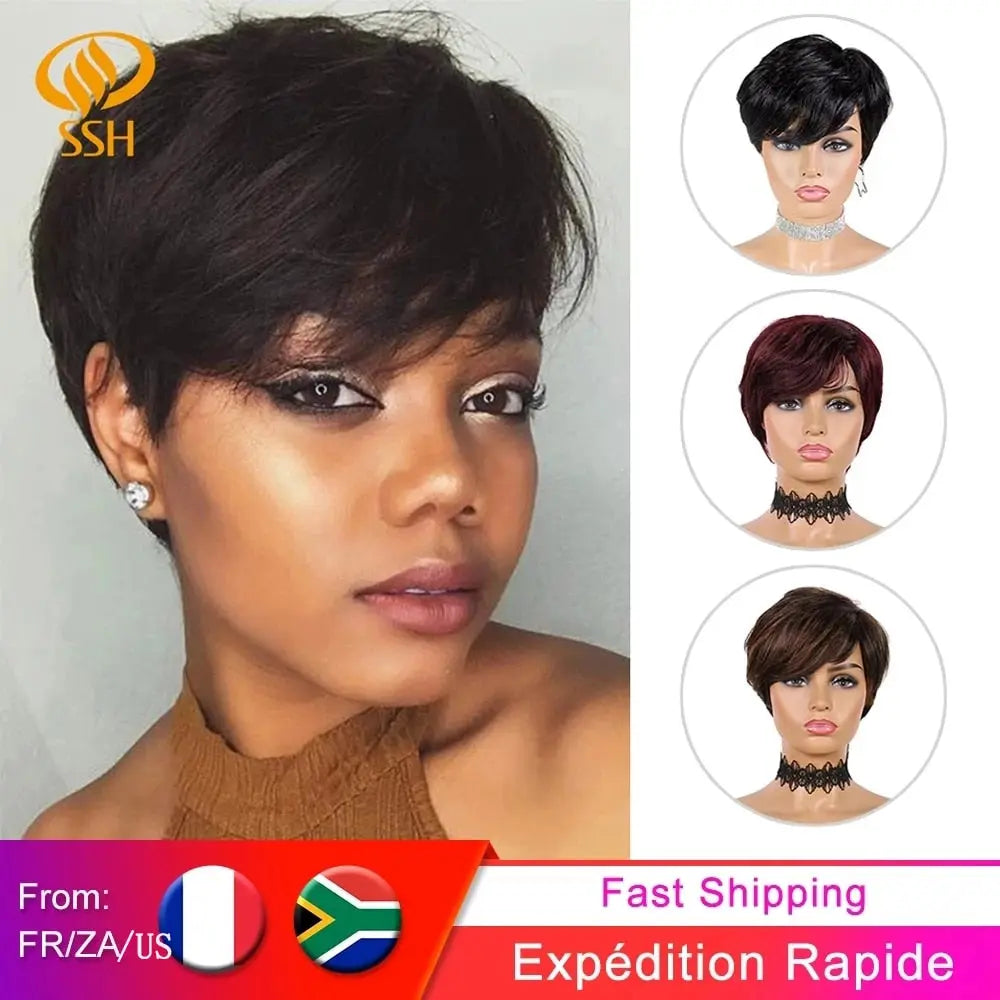 SSH Short Human Hair Wigs Pixie Cut Straight Remy Brazilian Hair for Black Women Machine Made Highlight Color Cheap Glueless Wig PAP SHOP 42