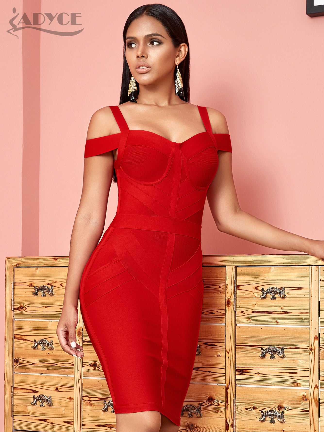 ADYCE Off Shoulder Bodycon Bandage Dress Women Sexy Red Spaghetti Strap Knee Length Club Celebrity Evening Runway Party Dresses PAP SHOP 42