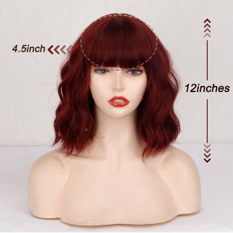 Short Bob Synthetic Wigs for Women Short Wavy Wigs with Bangs Wavy Bob Wig Wine Red Wig Heat Resistant Fiber Cosplay hair PAP SHOP 42