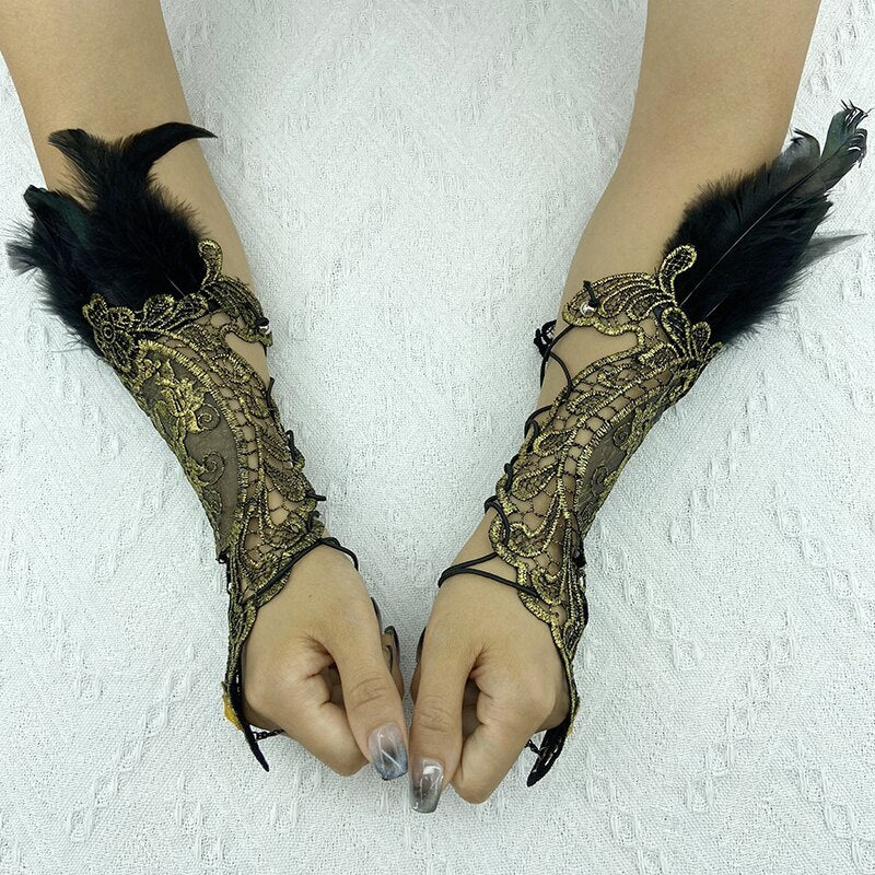Natural Feather Gold Lace Long Gloves Women Party Sexy Fingerless Gloves 2022 Exaggerated Lace Fishnet Gloves Y2k Accessories PAP SHOP 42