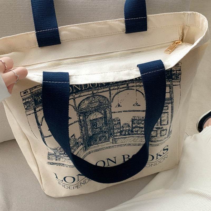 Women Canvas Shoulder Bag London Books Print Ladies Casual Handbag Tote Bag Reusable Large Capacity Cotton Shopping Beach Bag PAP SHOP 42