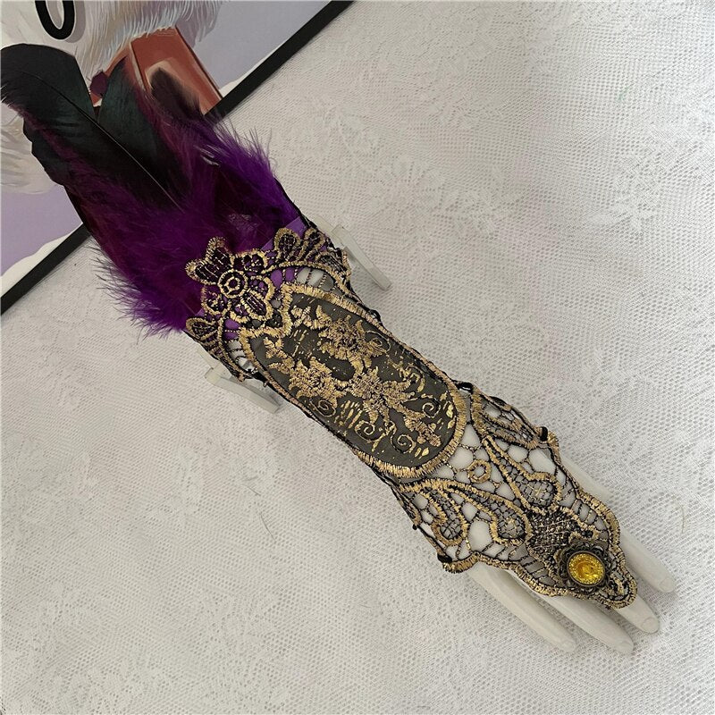 Natural Feather Gold Lace Long Gloves Women Party Sexy Fingerless Gloves 2022 Exaggerated Lace Fishnet Gloves Y2k Accessories PAP SHOP 42