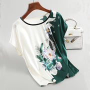 Fashion Floral Print Blouse Pullover Ladies Silk Satin Plus Size Batwing Sleeve Vintage T-shirt Casual Short Sleeve Tops PAP SHOP 42