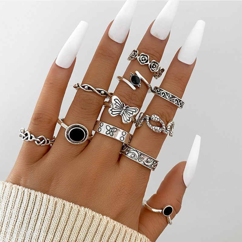 Vintage Hollow Heart Butterfly Rings Set For Women Metal Silver Color Geometric Spiral Shape Ring 22pcs Set 2022 Trendy Jewelry PAP SHOP 42