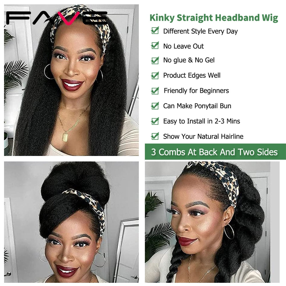 Fave Kinky Straight Headband Wig Synthetic 26 Inch Yaki Straight Hair Heat Resistant Fiber Kinky Afro Wigs For Black White Women PAP SHOP 42
