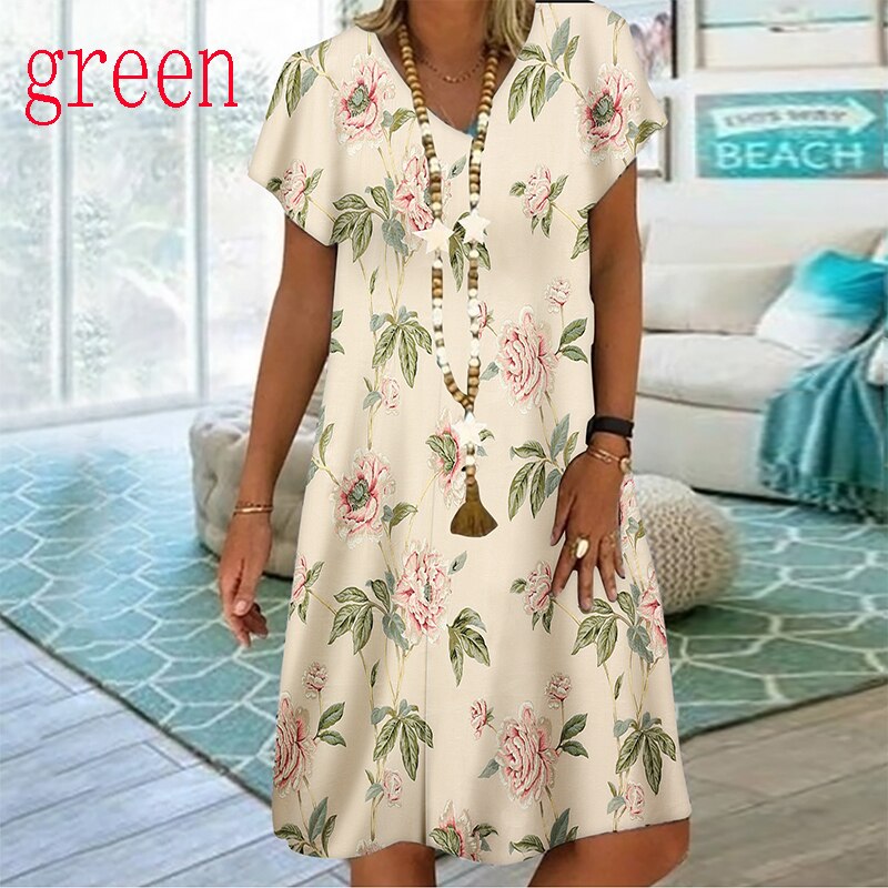 Women&#39;s Dresses For Summer 2022 Floral Printed Short Sleeve Dress Oversize Female Loose Vintage Dress Casual O-Neck Mini Clothes PAP SHOP 42