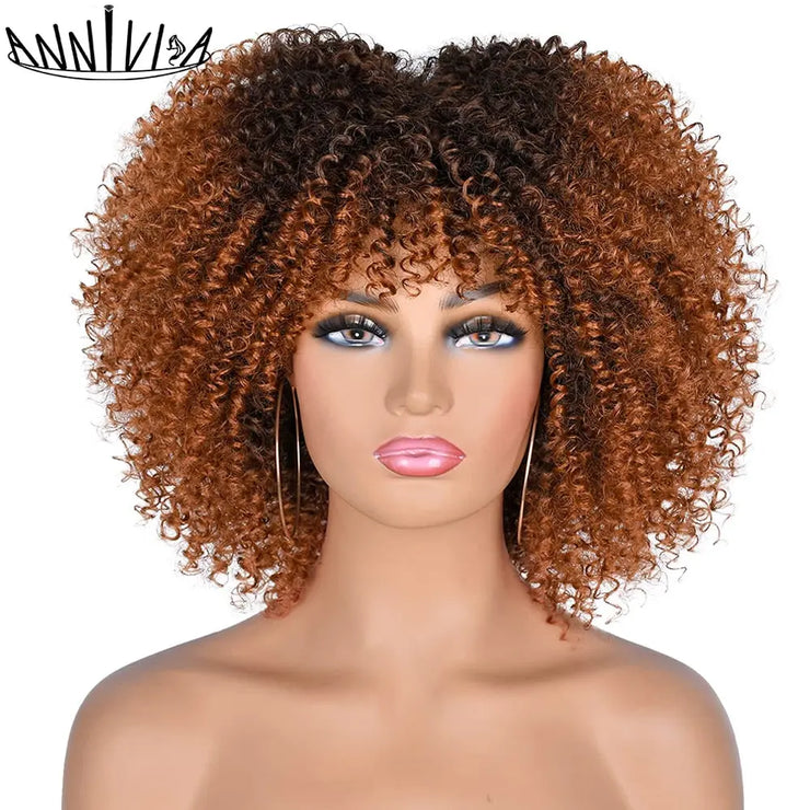 Short Hair Afro Kinky Curly Wigs With Bangs African Synthetic Ombre Glueless Cosplay Wigs For Black Women High Temperature PAP SHOP 42