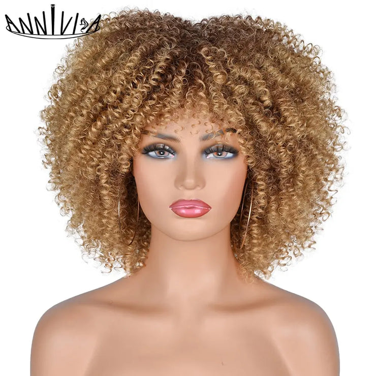 Short Hair Afro Kinky Curly Wigs With Bangs African Synthetic Ombre Glueless Cosplay Wigs For Black Women High Temperature PAP SHOP 42